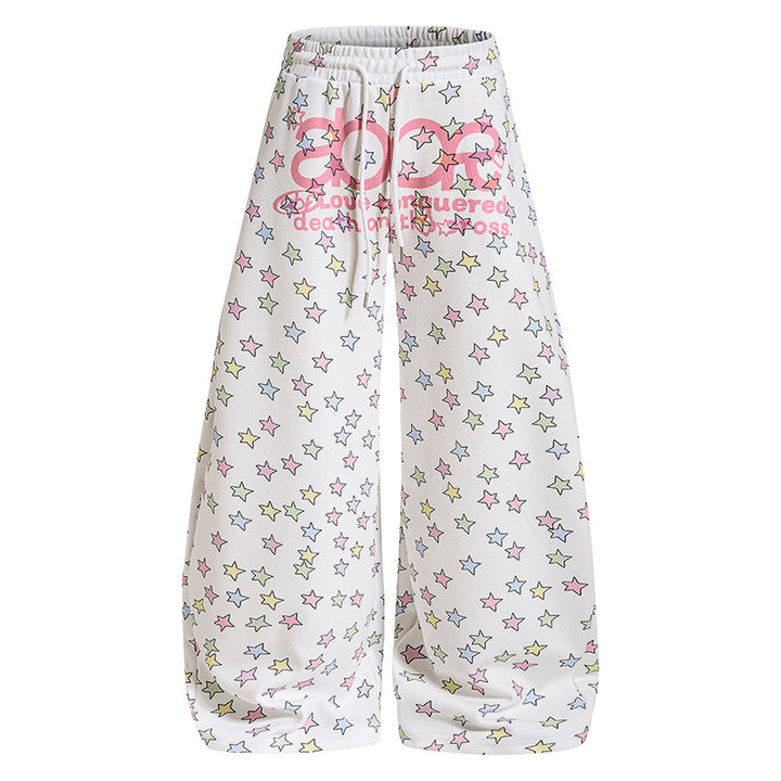 Damen Weite Lounge-Palazzohose mit hohem Elastikbund, Kordelzug und Sternchen-Allover Drune