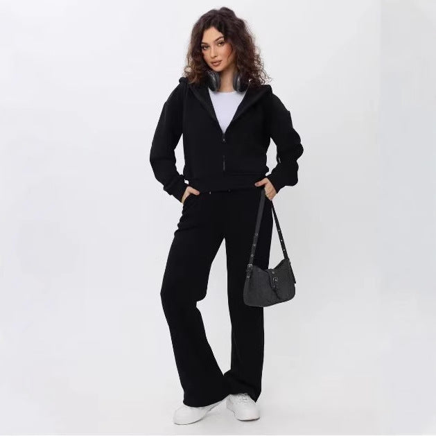 Damen nan zweiteiliges Cozy-Loungewear-Set mit Reißverschlusskapuze, taillenhoher Weitbein-Jogger und verdeckten Eingrifftaschen Drune