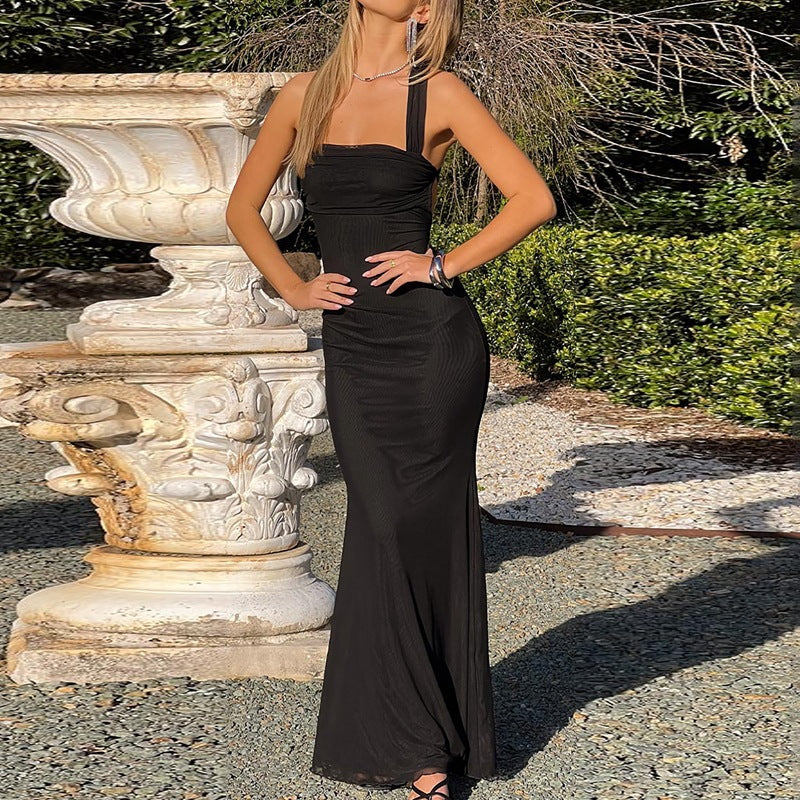 Damen elegantes Maxikleid mit tailliertem Schnitt und schmalen Trägern Drune