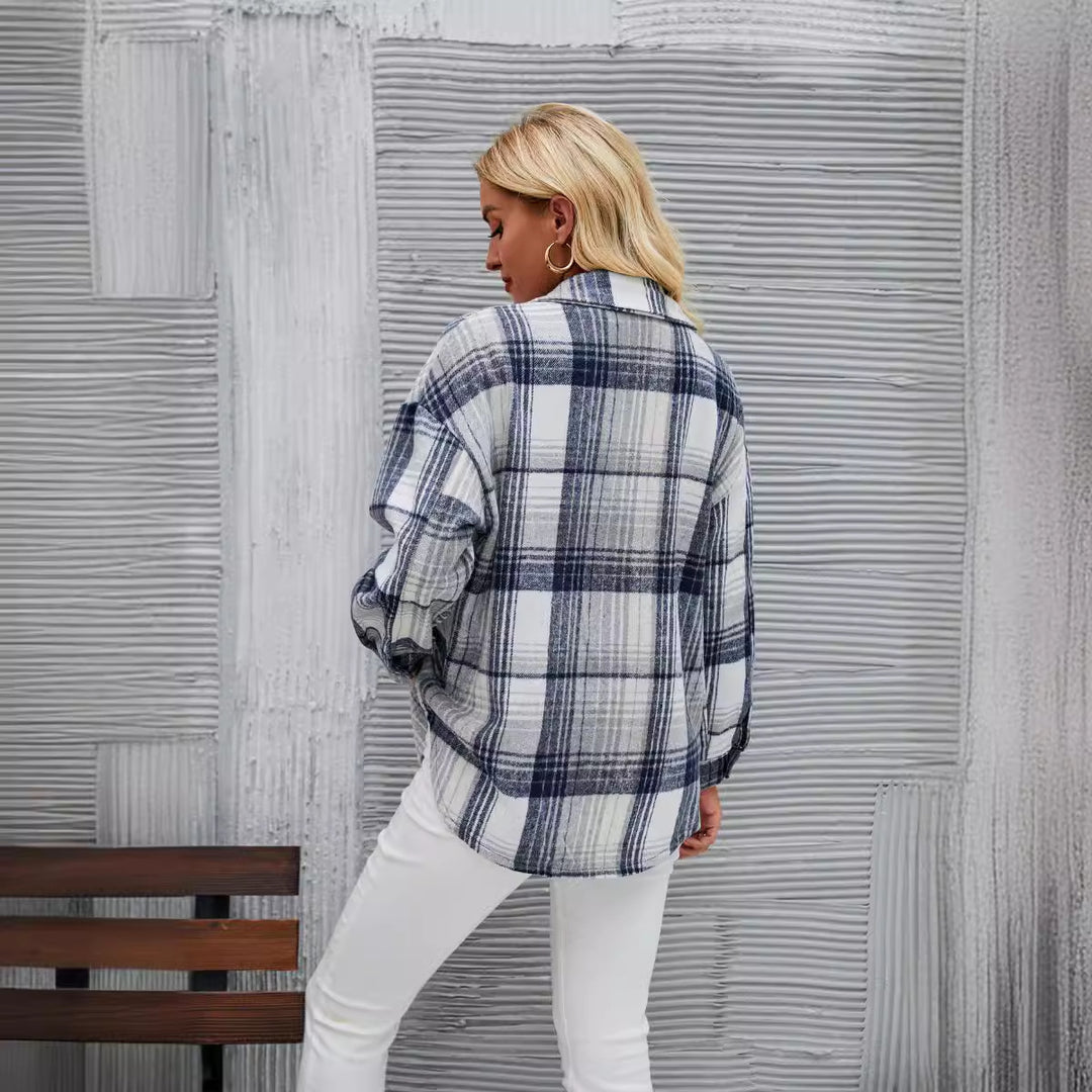 Damen lässige Flanellhemdjacke mit karriertem Design und praktischen Brusttaschen Drune