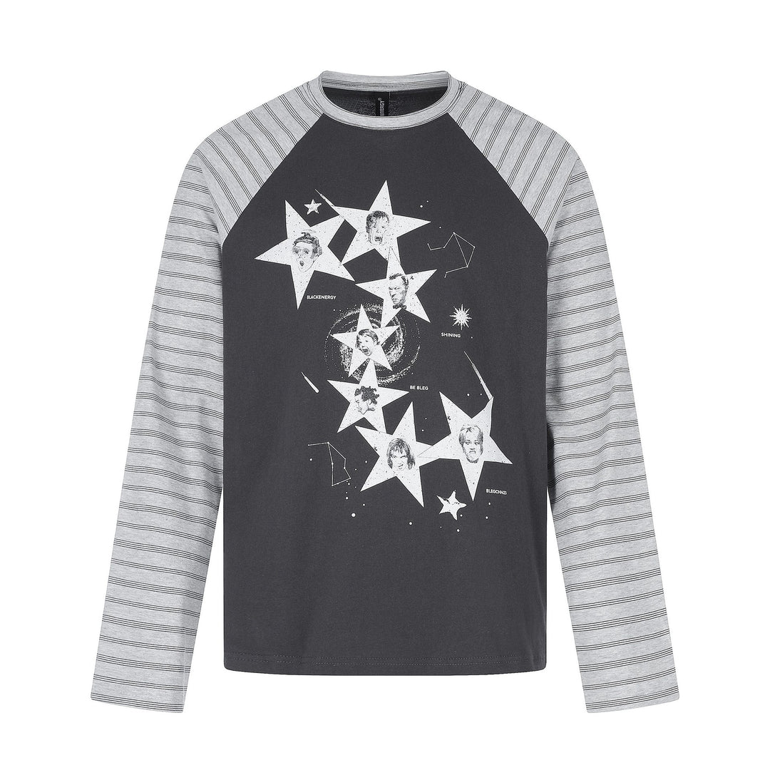 Herren Langarmshirt im Raglanstil mit großflächigem Stern-Print und gestreiften Ärmeln Drune