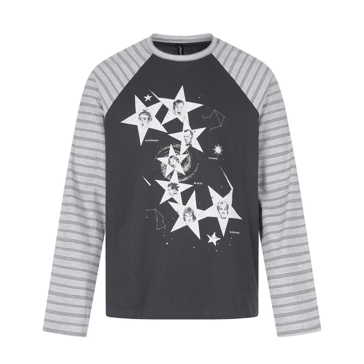 Herren Langarmshirt im Raglanstil mit großflächigem Stern-Print und gestreiften Ärmeln Drune