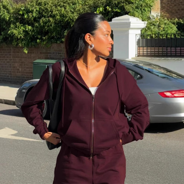 Damen gekürztes Kapuzen-Sweatshirt mit Oversize-Ärmeln und high-waist Wide-Leg Freizeithose Drune