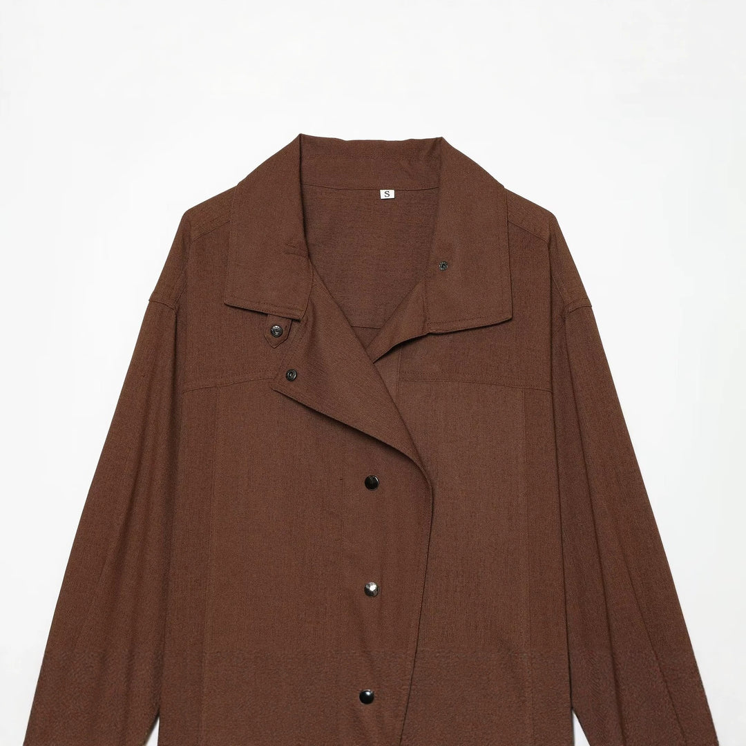 Damen Oversize Hemdblusen-Jacke mit Druckknopfblende und weiter Passform Drune