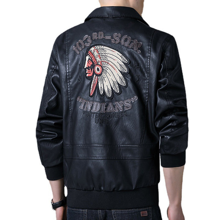 Herren Piloten‑Bomberjacke aus Kunstleder mit gestickten Patches und Rippbündchen Drune