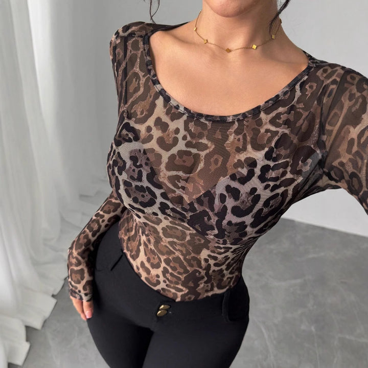 Damen nan eng anliegendes semitransparentes Meshshirt mit Leopardenmuster und Rundhalsausschnitt Drune