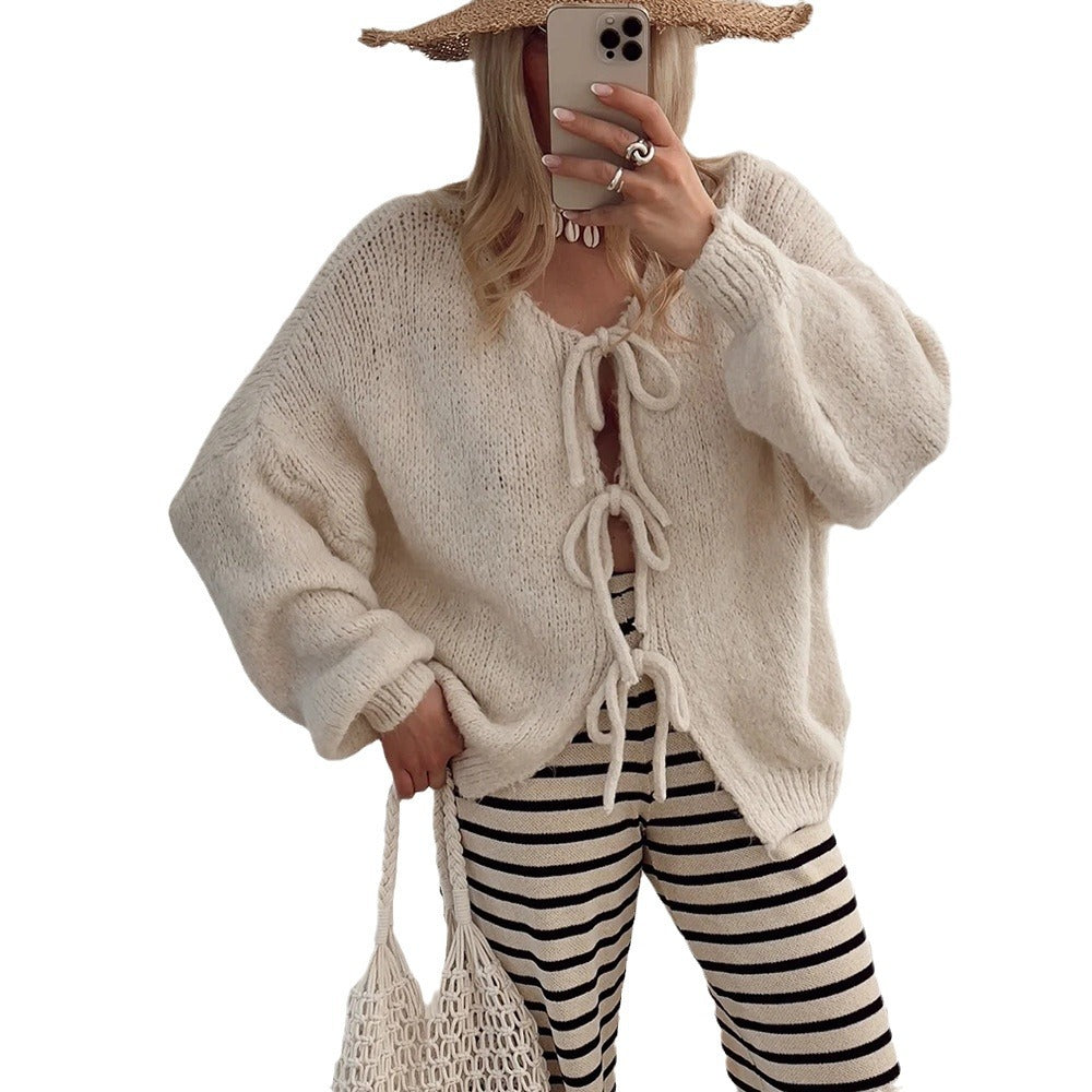 Damen Kuscheliger Strickcardigan mit dekorativen Bindebändern Drune