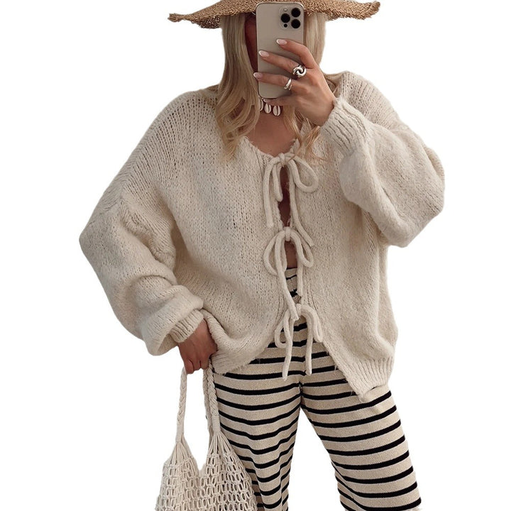 Damen Kuscheliger Strickcardigan mit dekorativen Bindebändern Drune
