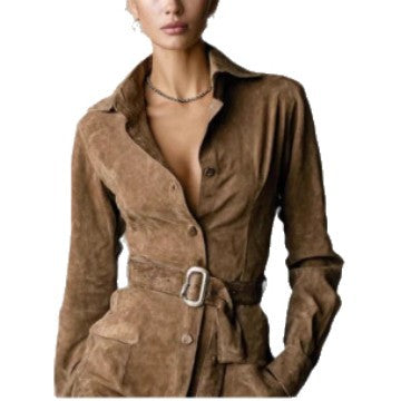 Damen Hemdblusenkleid mit tailliertem Gürtel und seitlichen Taschen Drune