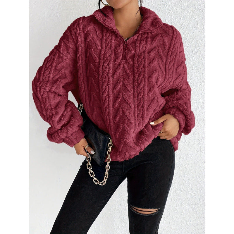 Damen Trendiger Fleece-Pullover mit hohem Kragen und Struktur Drune
