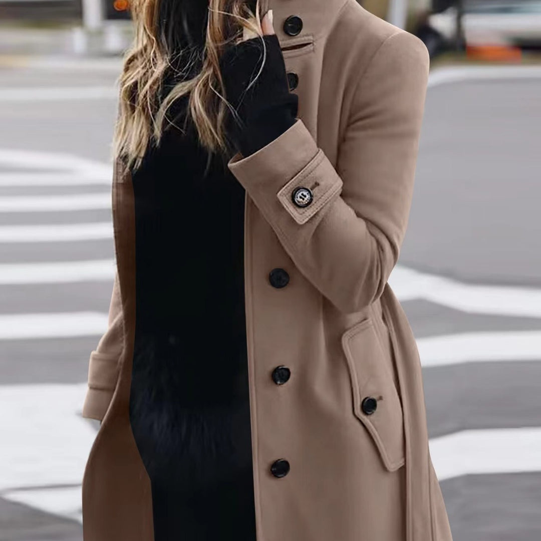 Damen Doppelreihiger Trenchcoat mit hohem Stehkragen, Taillengürtel und Manschetten-Detail Drune