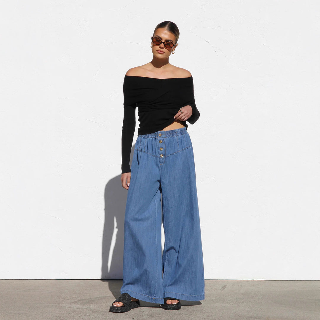 Damen nan weite Highwaist-Jeanshose mit elastischem Bund und dekorativer Knopfleiste Drune