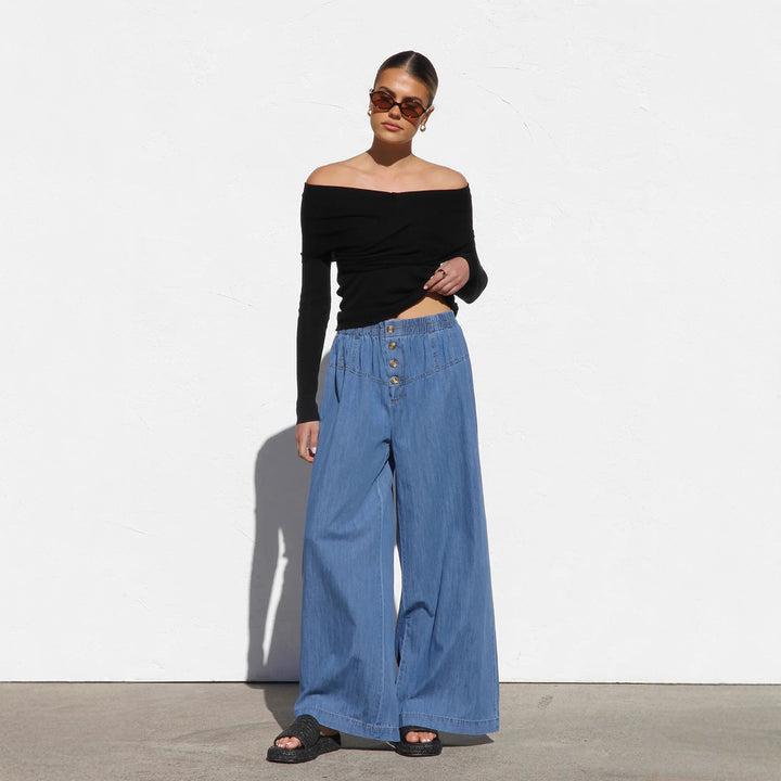 Damen nan weite Highwaist-Jeanshose mit elastischem Bund und dekorativer Knopfleiste Drune