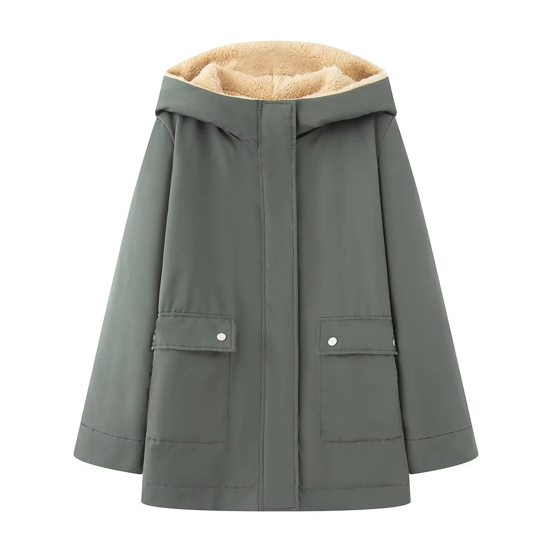 Damen nan gefütterte Kapuzenparka mit Teddyfutter, verdeckter Reißverschluss und großen Pattentaschen Drune