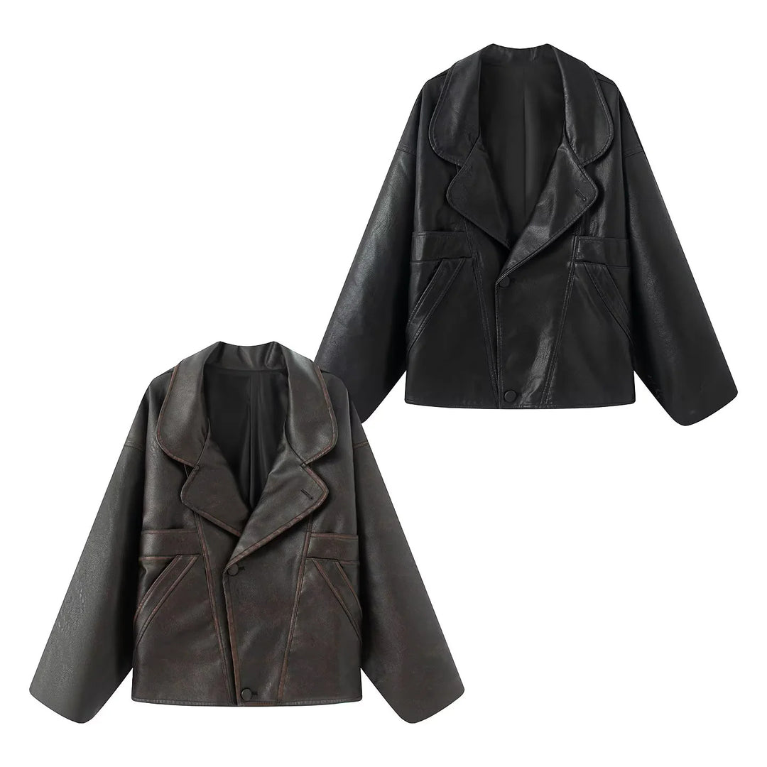 Damen nan kastiger Lederimitat-Blouson mit überlappendem Schalkragen und diagonal eingesetzten Taschen Drune