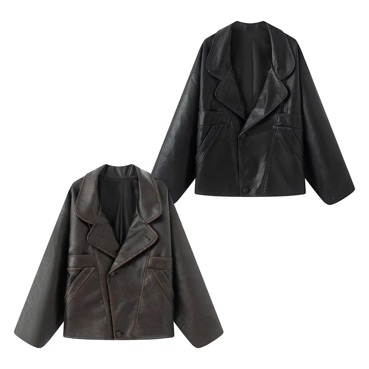 Damen nan kastiger Lederimitat-Blouson mit überlappendem Schalkragen und diagonal eingesetzten Taschen Drune
