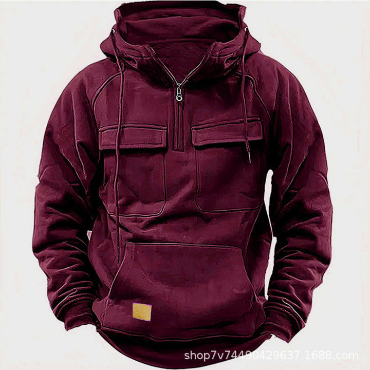 Herren nan funktionaler Kapuzenpullover mit halbem Reißverschluss, aufgesetzten Brusttaschen und Kängurutasche Drune