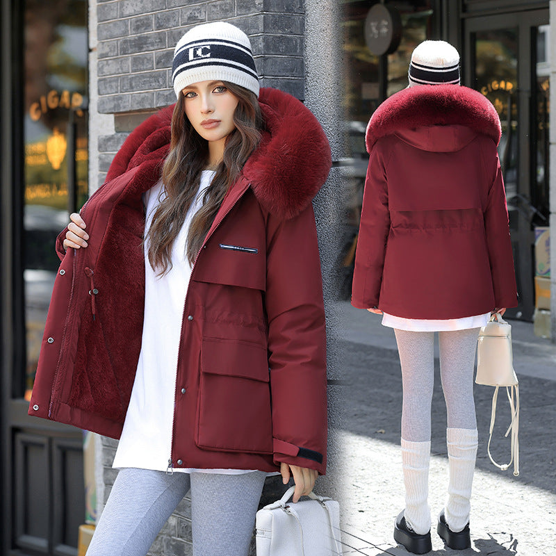 Damen Elegante und warme Winterjacke mit abnehmbarem Kunstfellkragen und praktischen Taschen Drune