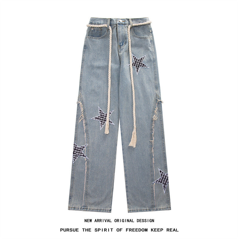 Damen Weite High‑Waist Denimhose mit Stern‑Applikationen, Fransen‑Seitenschlitzen und Kordelbund Drune
