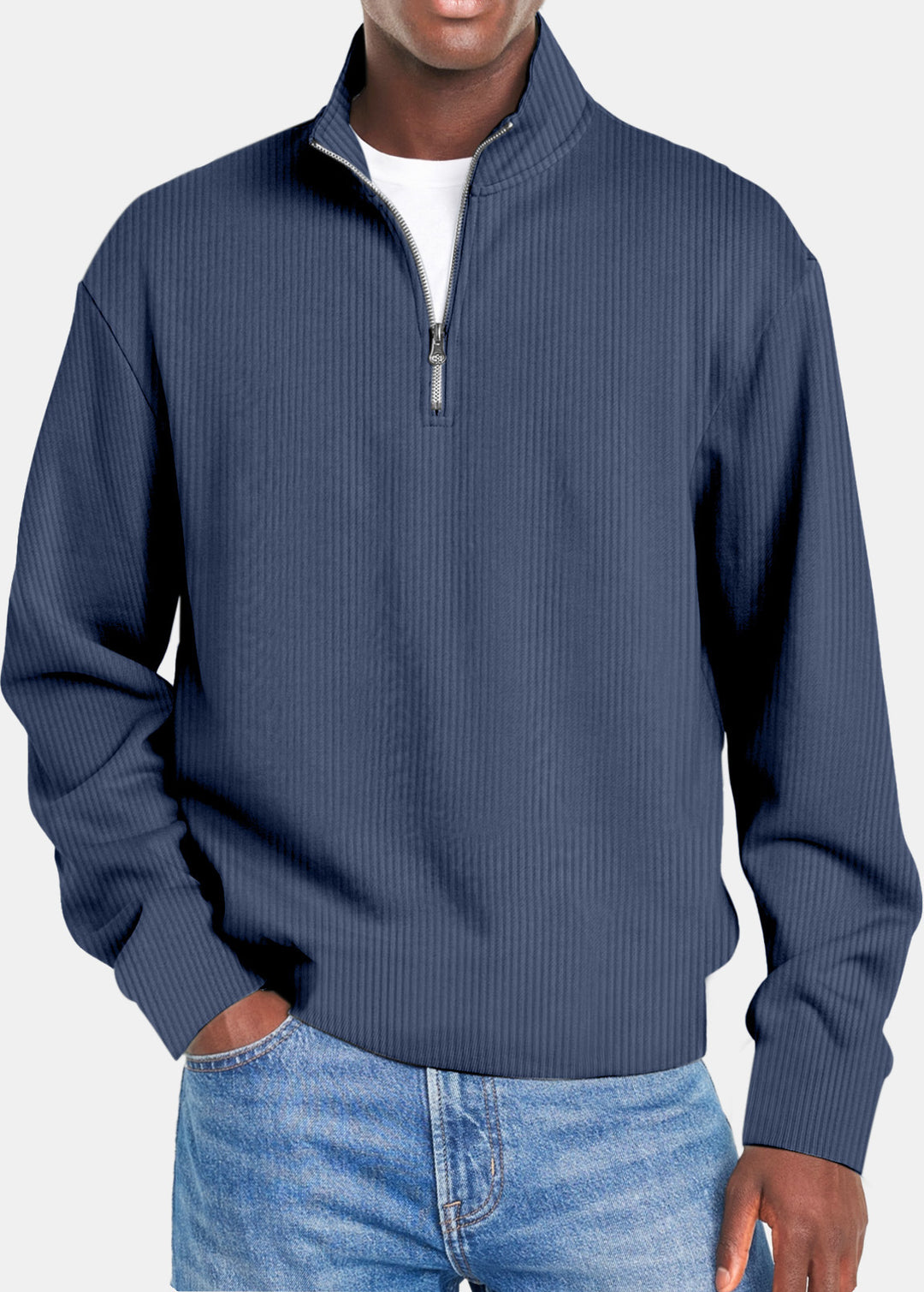Herren nan gerippter Troyer-Pullover mit Halbzip und Stehkragen Drune