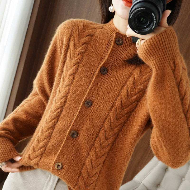 Damen kuschelige Strickjacke mit Zopfmuster und Knopfleiste Drune