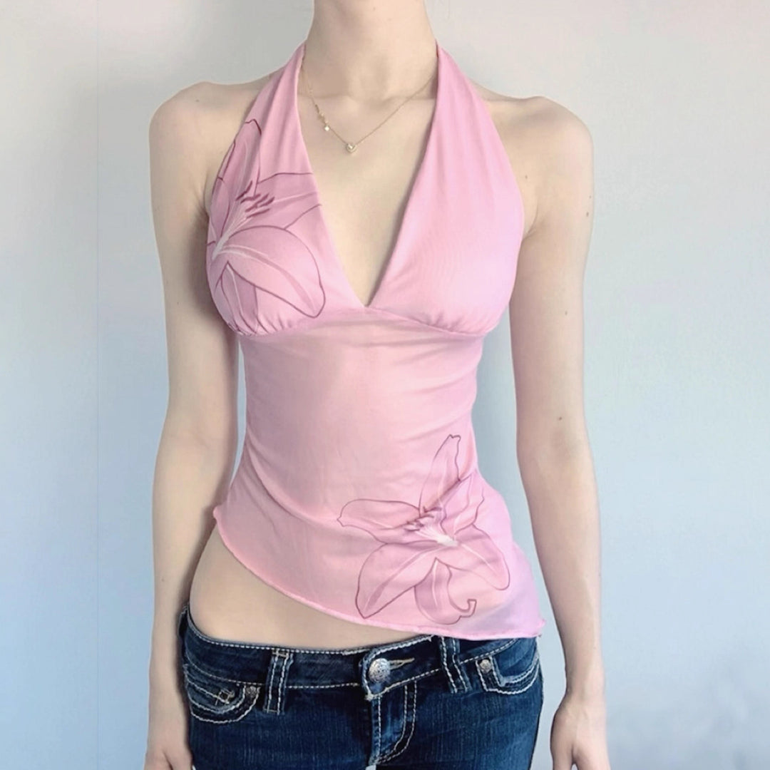 Damen Oberteil im Halterneck-Design mit floralem Druck und asymmetrischem Schnitt Drune
