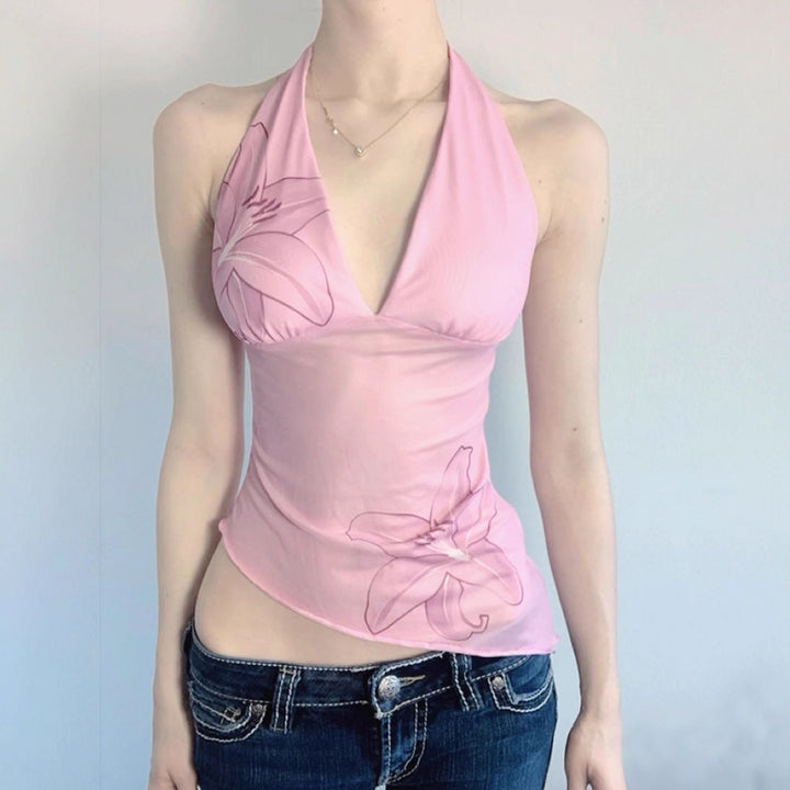 Damen Oberteil im Halterneck-Design mit floralem Druck und asymmetrischem Schnitt Drune