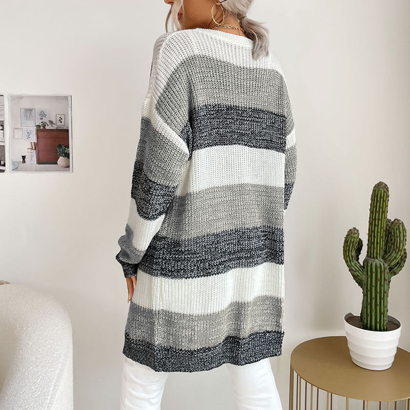 Damen Longline Strickcardigan mit breiten Blockstreifen, offener Front und überschnittener Schulter Drune