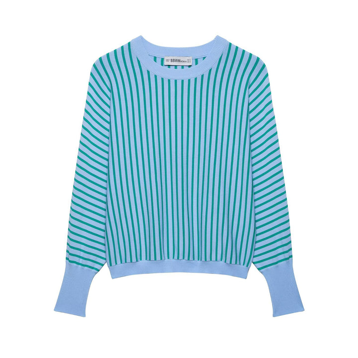Damen Leichter Rundhals-Feinstrickpullover mit schmalen Längs- und Diagonalstreifen Drune
