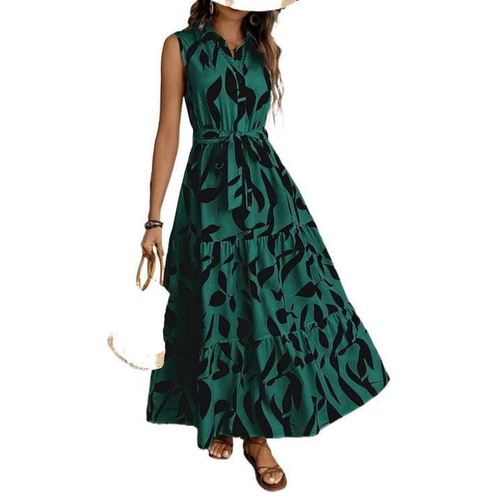 Damen Maxikleid mit geschichtetem Rock und elegantem Taillengürtel Drune