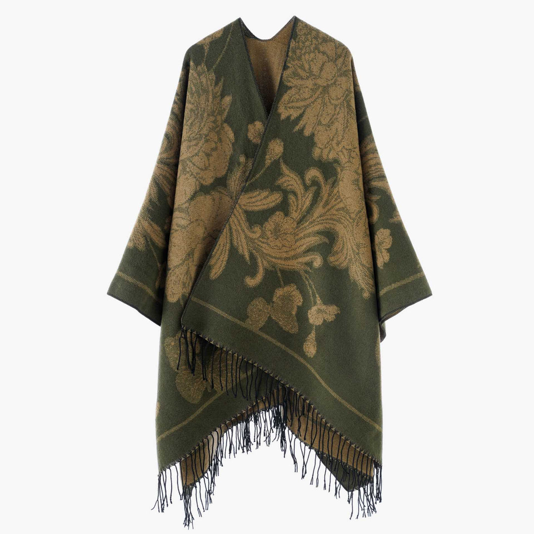 Damen Großer Wollmix Fransenponcho mit diagonalen Kontraststreifen Drune