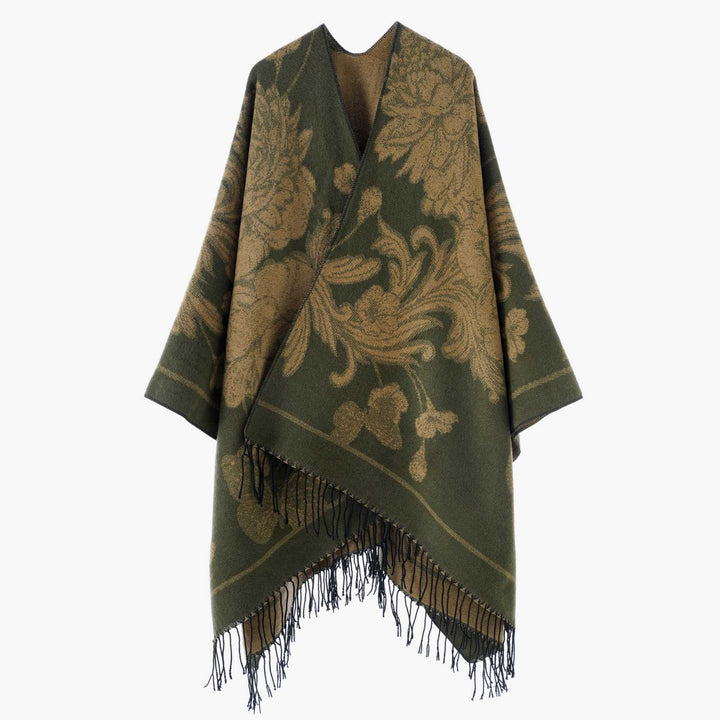 Damen Großer Wollmix Fransenponcho mit diagonalen Kontraststreifen Drune