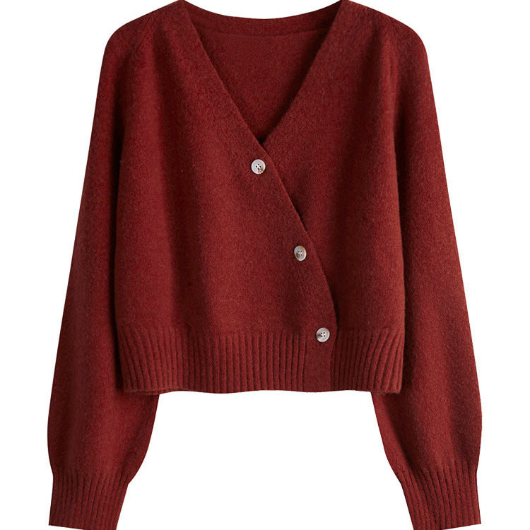 Damen kuschelige cropped Strickjacke mit tiefem V-Ausschnitt und großen Knöpfen Drune