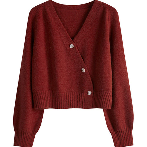 Damen kuschelige cropped Strickjacke mit tiefem V-Ausschnitt und großen Knöpfen Drune
