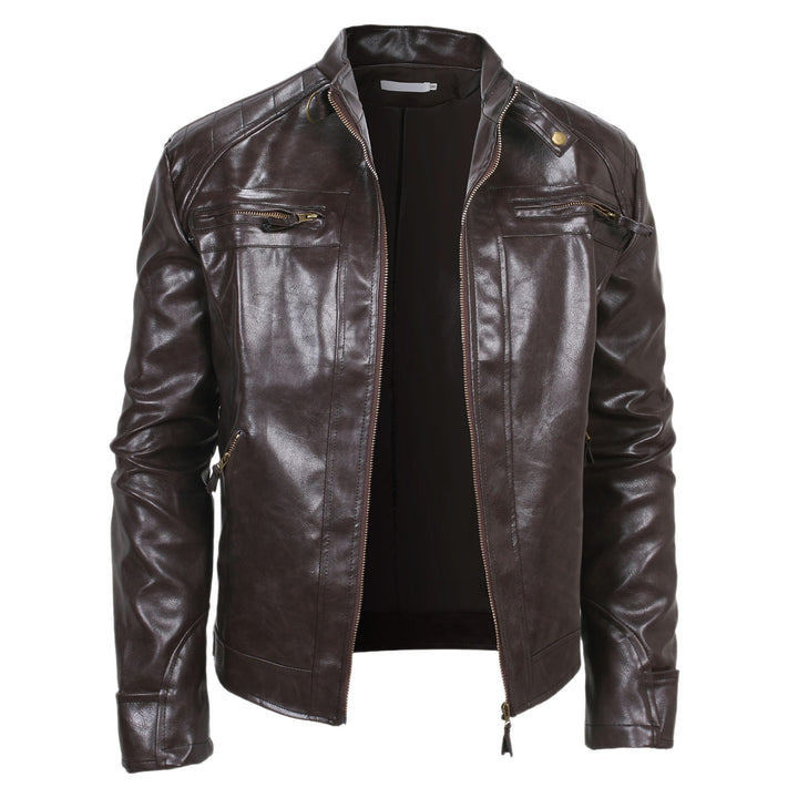Herren Biker-inspirierte Kunstlederjacke mit Stehkragen, gesteppter Schulterpartie und Reißverschlusstaschen Drune