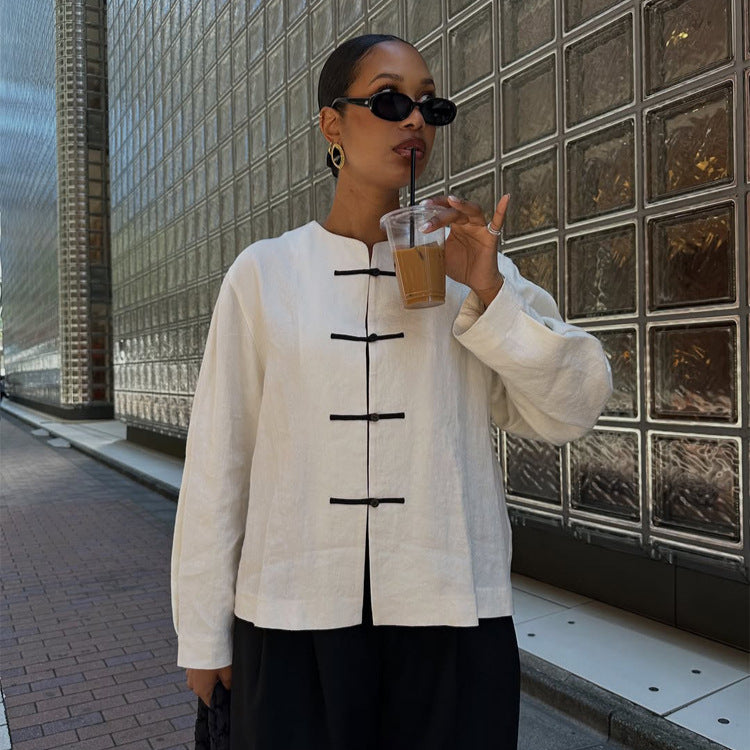 Damen Boxy Leinenbluse mit Knebelverschlüssen und asymmetrischem Saum Drune