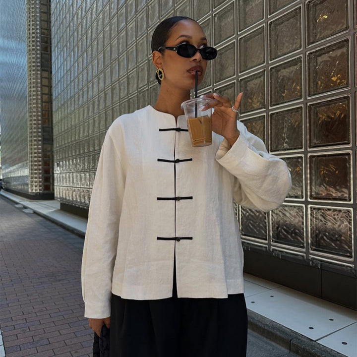 Damen Boxy Leinenbluse mit Knebelverschlüssen und asymmetrischem Saum Drune