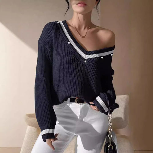 Damen Oversized Pullover mit modernem V-Ausschnitt und glamourösen Perlenakzenten Drune