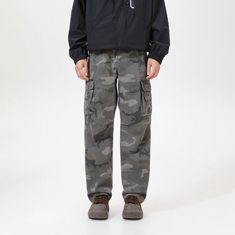 Herren Cargo-Hose mit Camouflage-Muster, Relaxed-Fit, Mehrfach-Taschen und Kordelzug am Saum Drune