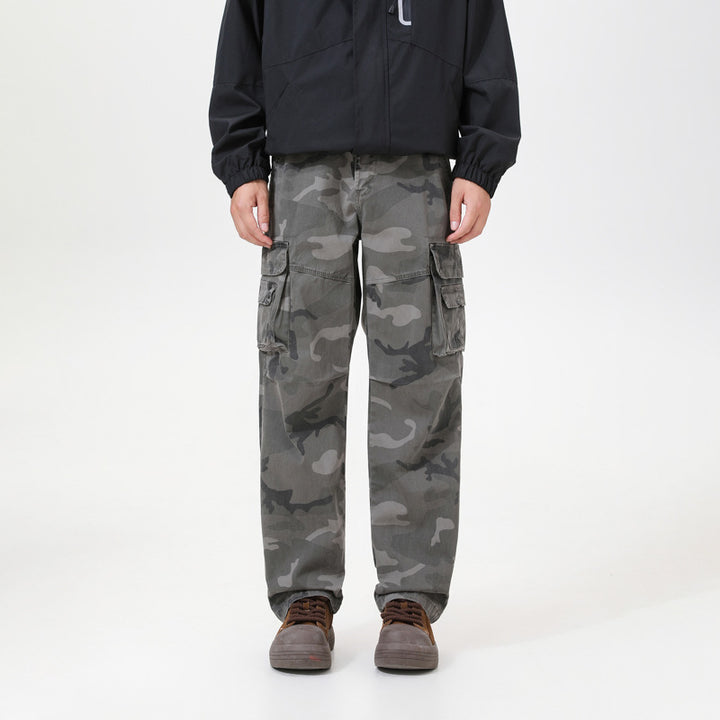 Herren Cargo-Hose mit Camouflage-Muster, Relaxed-Fit, Mehrfach-Taschen und Kordelzug am Saum Drune