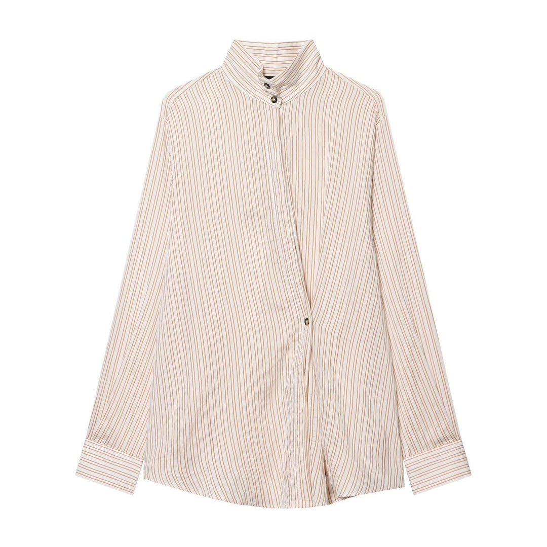 Damen Oversize-Hemdbluse mit Stehkragen, verdeckter Knopfleiste und feinem Streifenmuster Drune