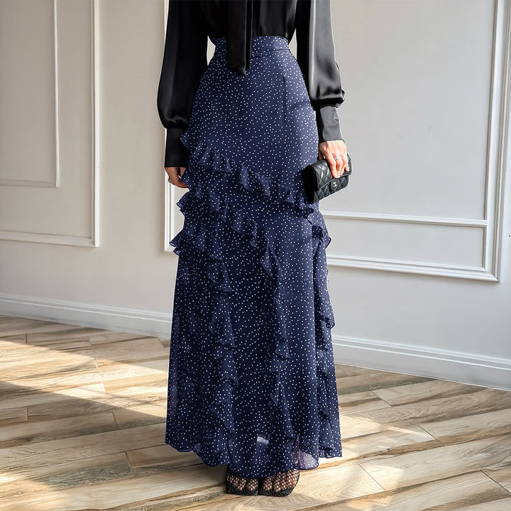 Damen nan Maxirock mit hohem Taillenbund, asymmetrischen Volants und fließender Chiffon‑Optik Drune