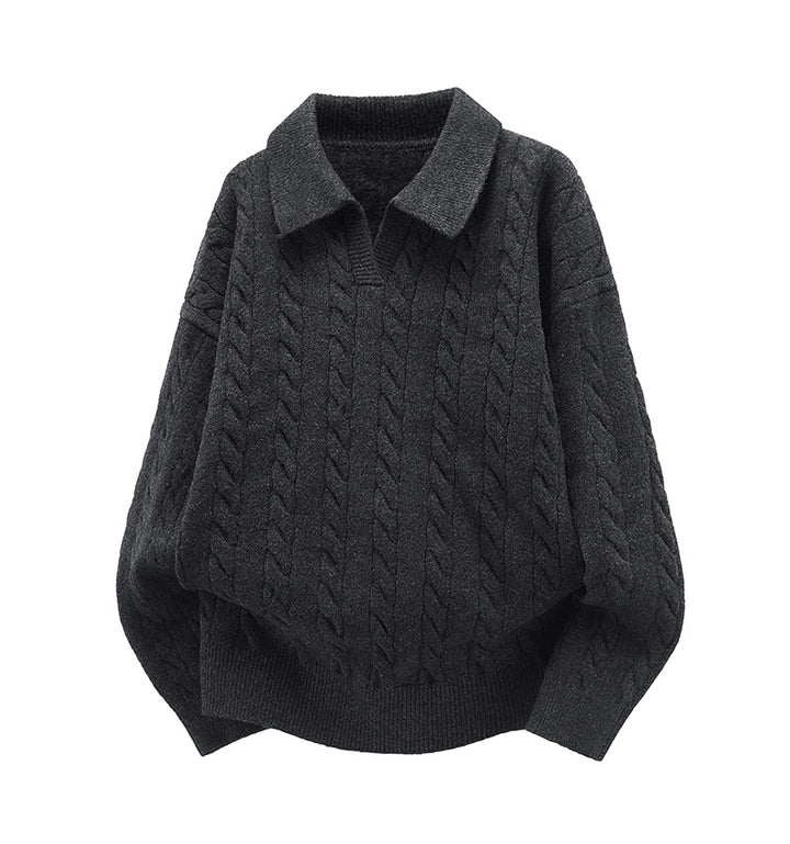 Damen Oversize Kabelstrick-Polo-Pullover mit V‑Ausschnitt und geripptem Saum Drune
