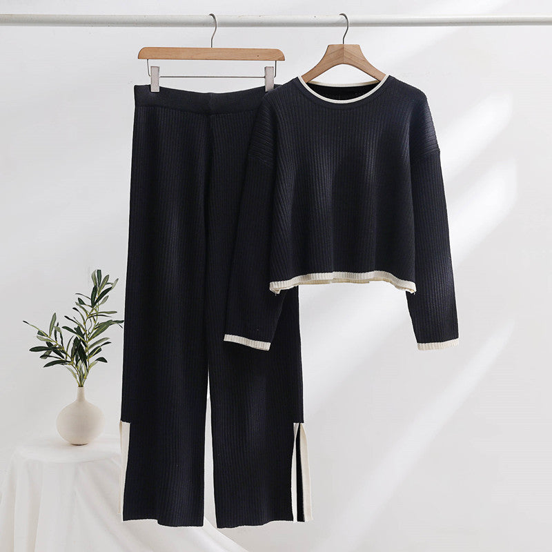 Damen lässiges Strickensemble mit hohem Bund und kontrastierenden Bündchen Drune