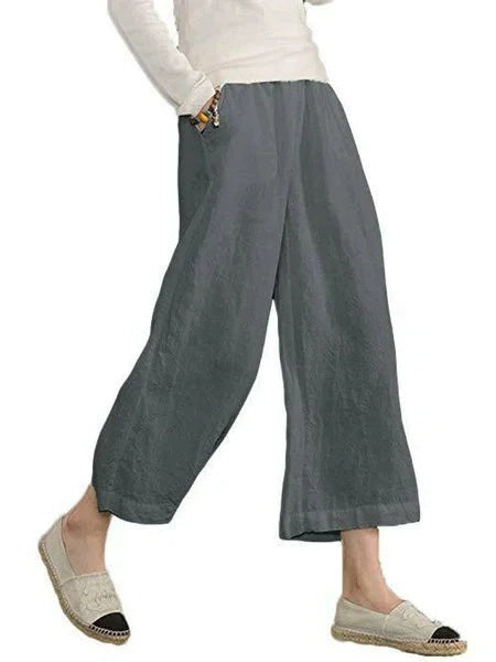 Damen weite Leinenhose mit seitlichen Taschen und elastischem Bund Drune