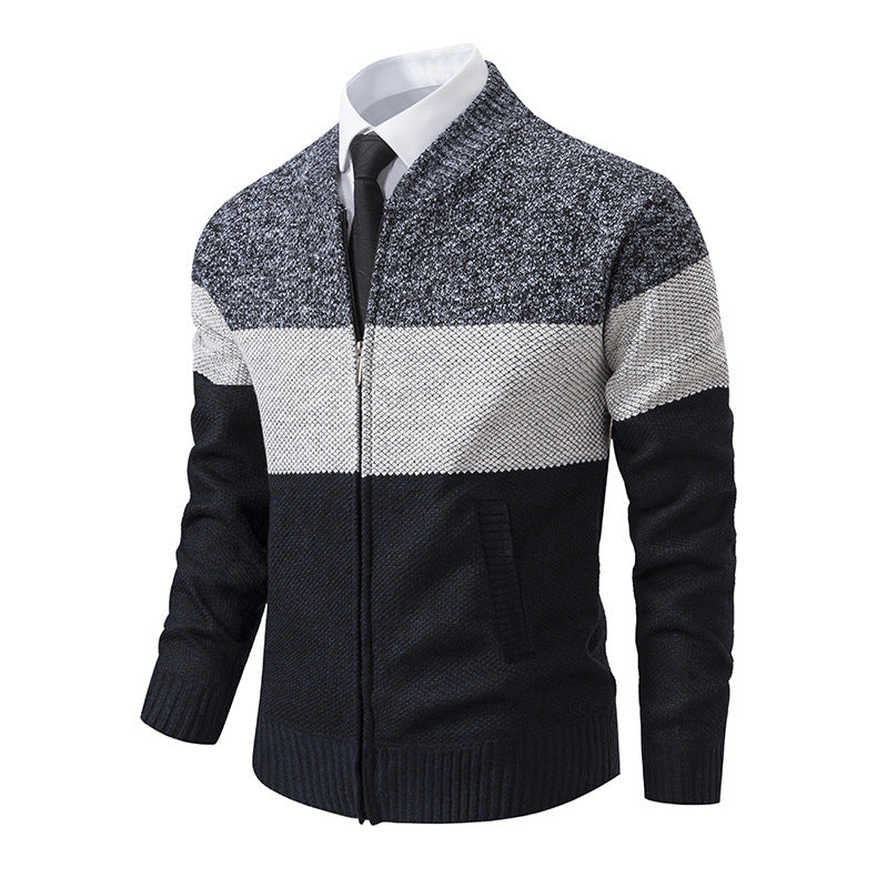 Herren Strukturierte Blockstreifen‑Strickjacke mit Frontzip, Stehkragen und Eingrifftaschen Drune
