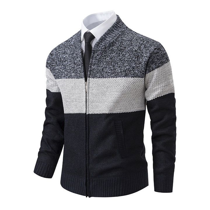 Herren Strukturierte Blockstreifen‑Strickjacke mit Frontzip, Stehkragen und Eingrifftaschen Drune