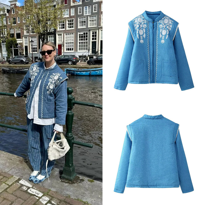 Damen Gesteppte Leinenoptik-Stehkragenjacke mit folklorischer Bruststickerei & aufgesetzten Taschen Drune