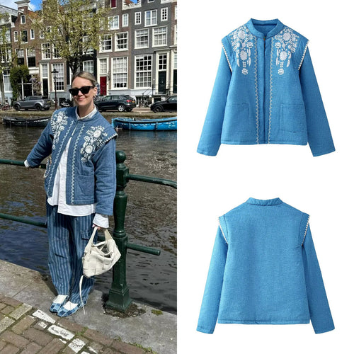 Damen Gesteppte Leinenoptik-Stehkragenjacke mit folklorischer Bruststickerei & aufgesetzten Taschen Drune