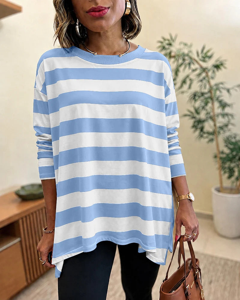 Damen Oversized Streifen-Longsleeve mit Rundhalsausschnitt und abgerundetem Saum Drune